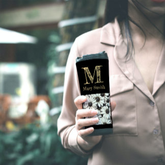 Chic Black and White Monogrammed Floral Minimalist Thermal Tumbler