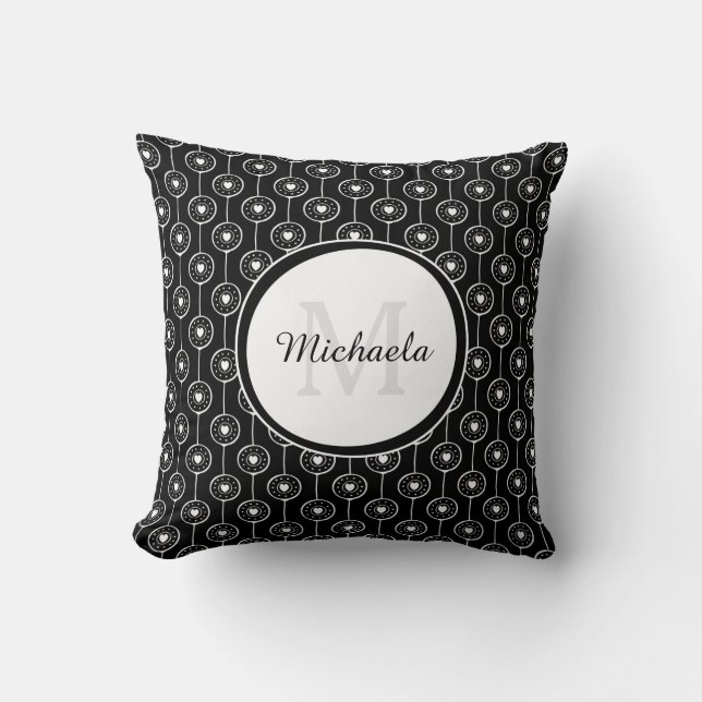 Chic Black and White  Monogrammed Name Heart Dots Cushion (Front)