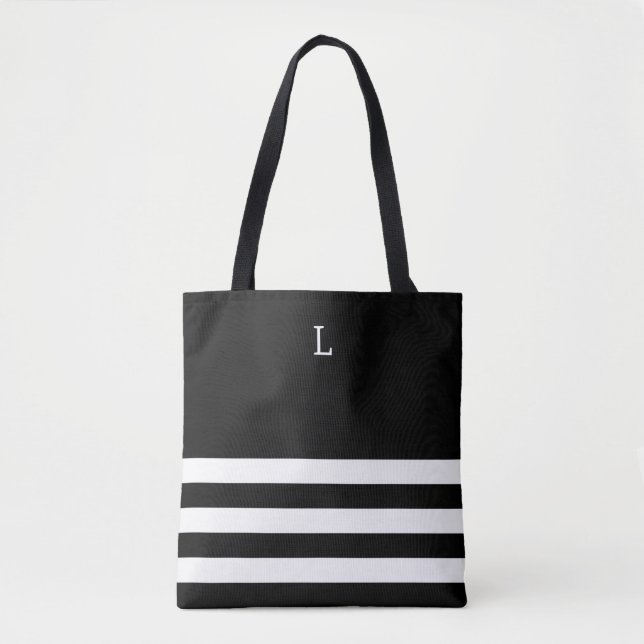 Chic Black and White Monogrammed Tote Bag (Front)