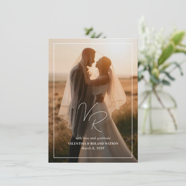 Chic Black and White Photo Modern Wedding Thank You Card (Standing Front)