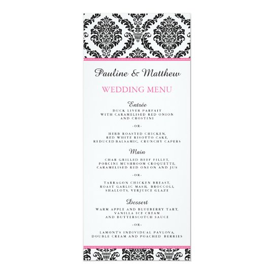Chic Black and White Pink Damask Wedding Menu Card