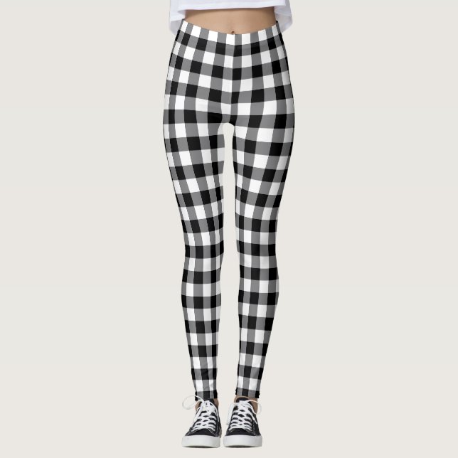 Chic Black And White Plaid Gingham Chequered  Leggings (Front)