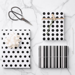 Chic Black and White Polka Dots and Stripe Pattern Wrapping Paper Sheet
