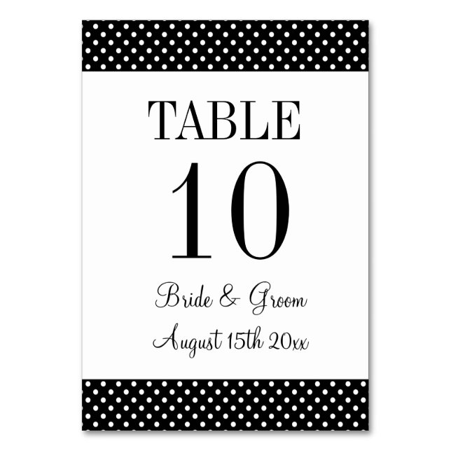 Chic black and white polka dots wedding table number (Front)