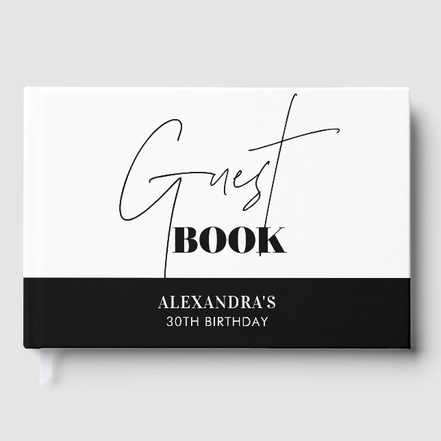 Chic Black and White Script Birthday Guest Book (Front)