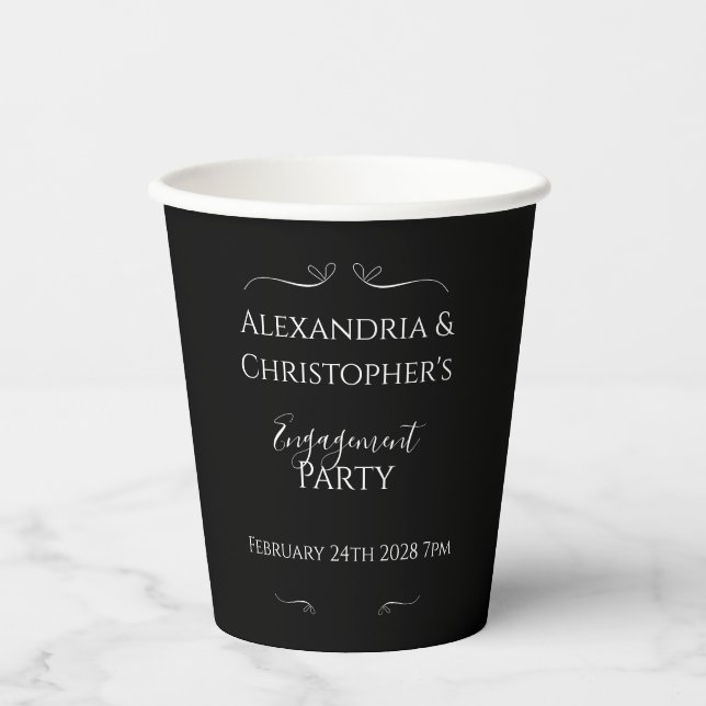 Chic Black and White Script Engagement Party Paper Cups (Front)