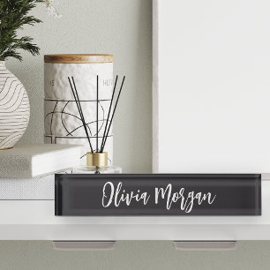 Chic Black and White Sketched Cursive Script Name Nameplate