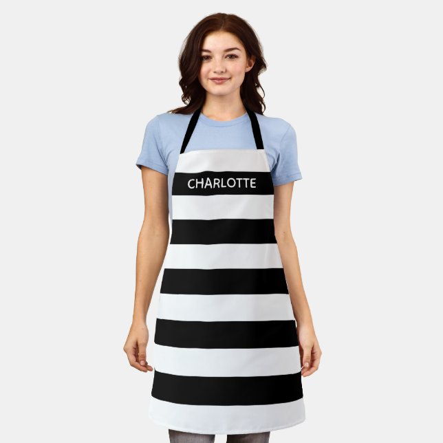 Chic black and white stripes custom monogram name apron (Worn)