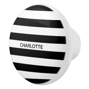 Chic black and white stripes custom name monogram ceramic knob