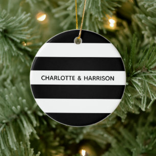 Chic black and white stripes custom name monogram ceramic ornament