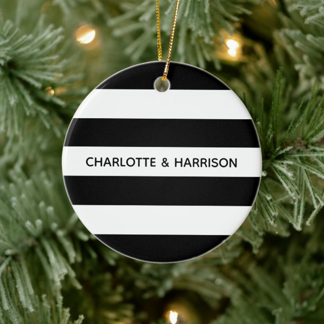 Chic black and white stripes custom name monogram ceramic ornament (Tree)