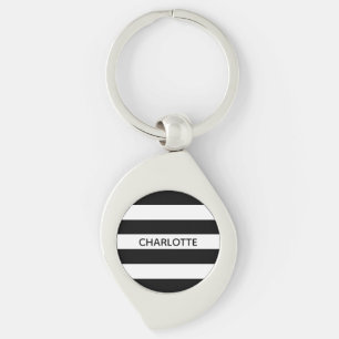 Chic black and white stripes custom name monogram key ring