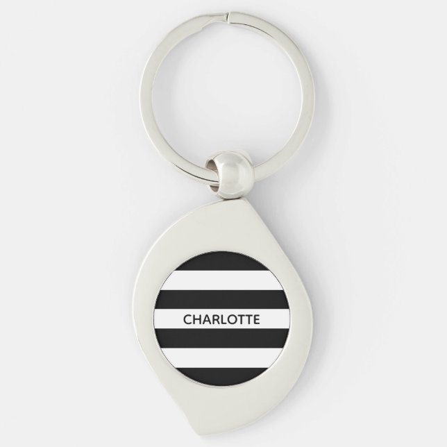 Chic black and white stripes custom name monogram key ring (Front)