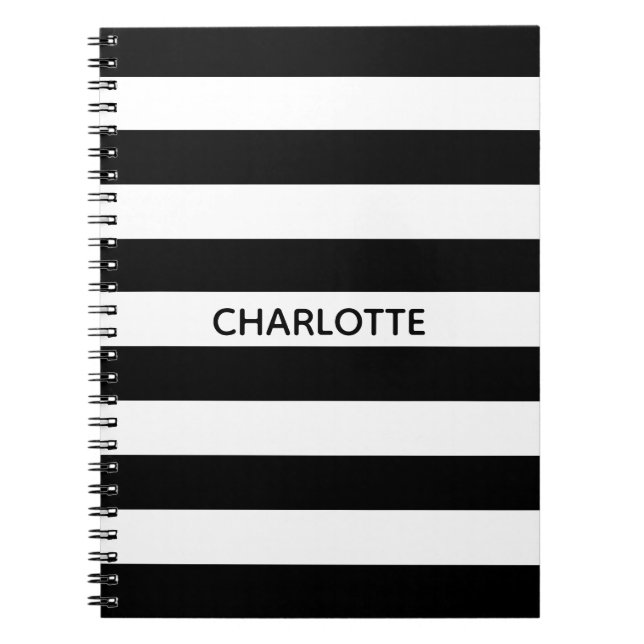 Chic black and white stripes custom name monogram notebook (Front)