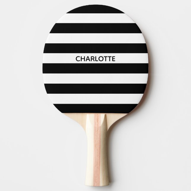 Chic black and white stripes custom name monogram ping pong paddle (Front)