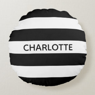 Chic black and white stripes custom name monogram round cushion