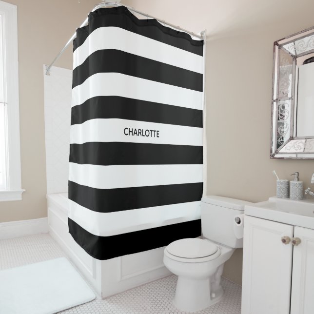 Chic black and white stripes custom name monogram shower curtain (In Situ)