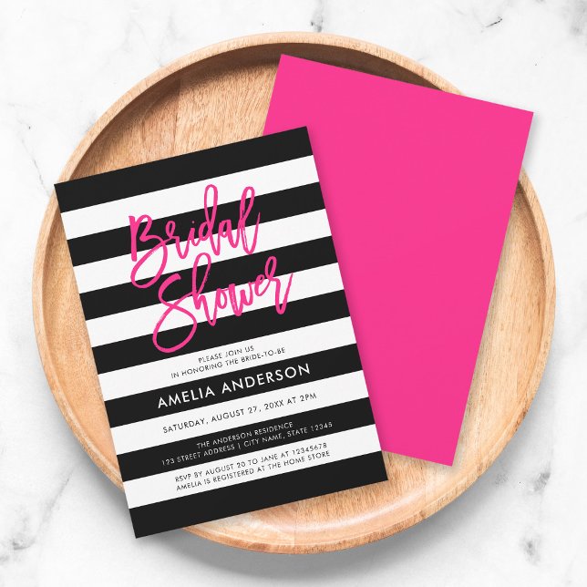 Chic Black and White Stripes Pink Bridal Shower Invitation (Creator Uploaded)