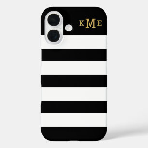 Chic Black and White Stripes with Gold Monogram iPhone 16 Case