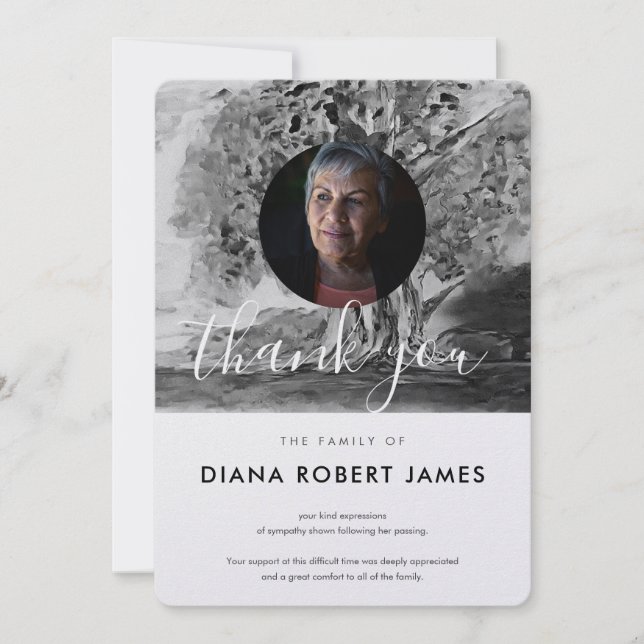 Chic Black and White Trees Photo Sympathy Thank You Card (Front)