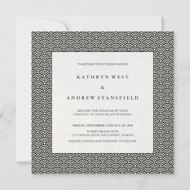 Chic Black and White Wave Pattern Formal Wedding Invitation (Front)
