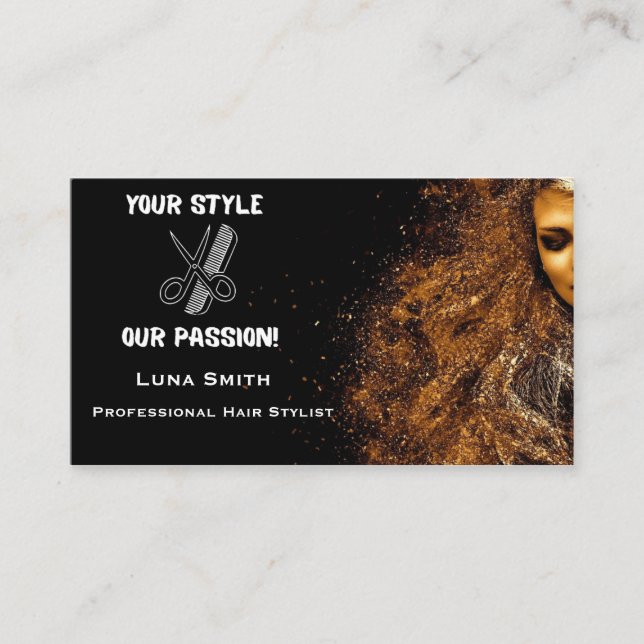 Chic Black background Hairstylist Business Card (Front)