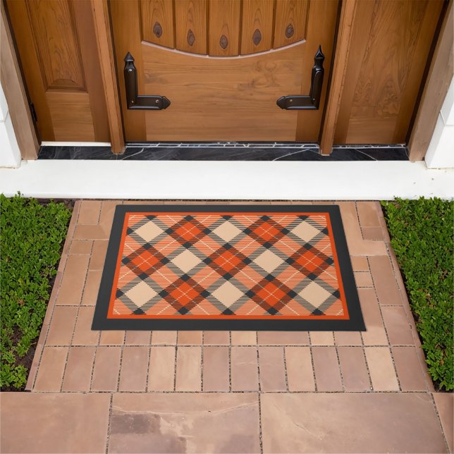 Chic Black Beige Pumpkin Orange Plaid Pattern Doormat (Outdoor)