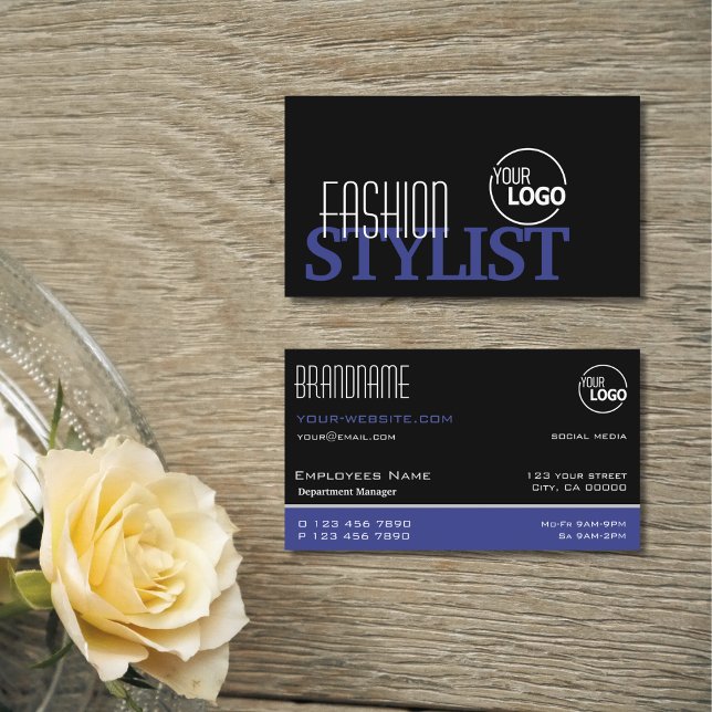 Chic Black Blue and White Simple Stylish with Logo Business Card (Creator Uploaded)