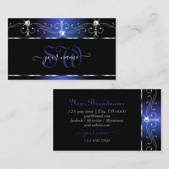Chic Black Blue Squiggles Sparkle Jewels Monogram Business Card (Front/Back)