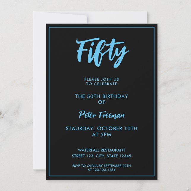 Chic Black & Blue Typography 50th Birthday Invitation (Front)