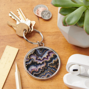Chic Black Blue Violet Purple Gold Marble Pattern Key Ring
