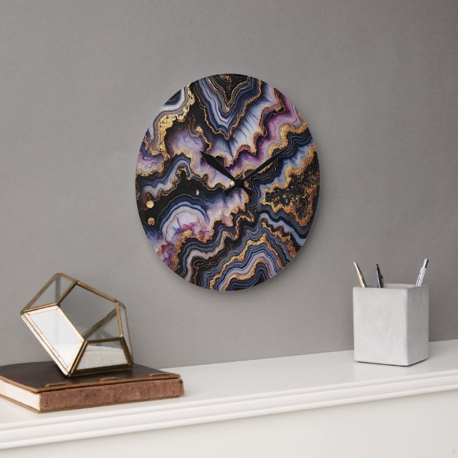 Chic Black Blue Violet Purple Gold Marble Pattern Large Clock (Office)