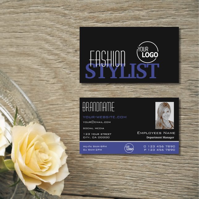 Chic Black Blue White Simple with Logo and Photo Business Card (Creator Uploaded)