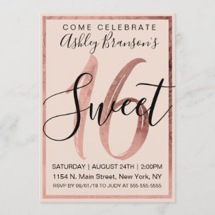 Chic Black Blush Pink Faux Rose Gold Foil Sweet 16 Invitation