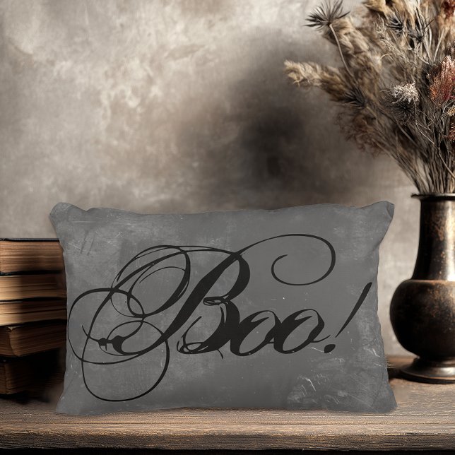 Chic Black Boo Halloween Decorative Cushion (Elegant Script Boo Halloween Throw Pillow)