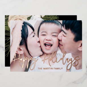 Chic Black Botanical Full Photo Christmas Foil Holiday Card