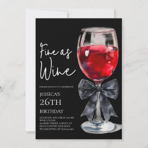 Chic Black Bow Fine as Wine 26th Birthday Party Invitation