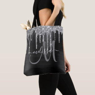 Chic Black Brushed Metal Silver Glitter Drips Name Tote Bag
