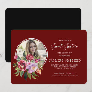 Chic Black Burgundy Floral Themed Photo Sweet 16 Invitation