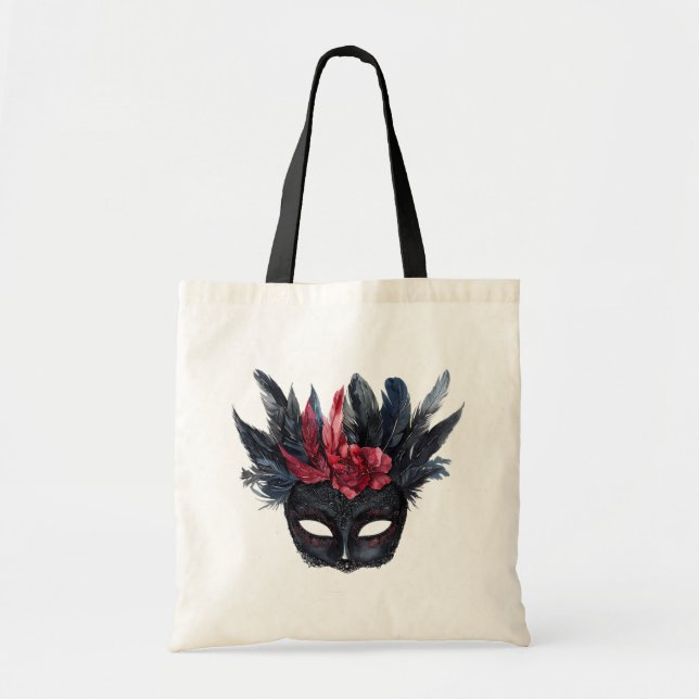 Chic Black Burgundy Red Floral Mask Tote Bag (Front)