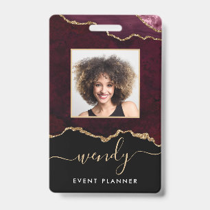 Chic Black Burgundy Red Gold Glitter Agate Photo ID Badge