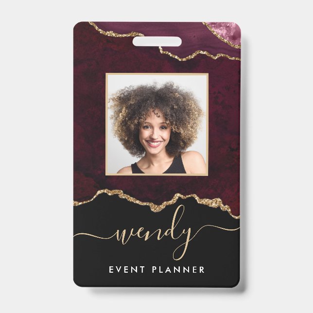 Chic Black Burgundy Red Gold Glitter Agate Photo ID Badge (Front)