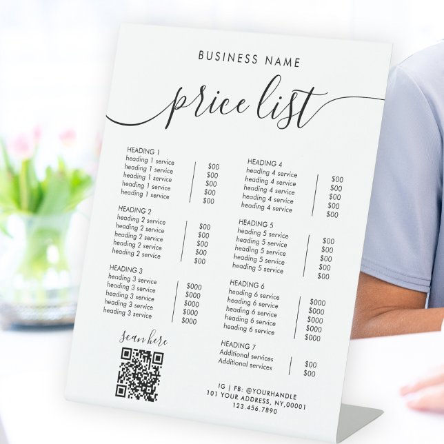 Chic Black Calligraphy Business QR Code Price List Pedestal Sign (Creator Uploaded)