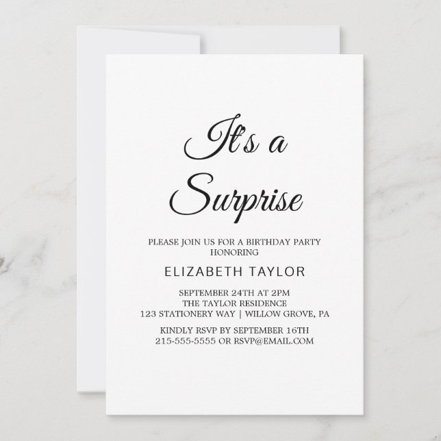 Chic Black Calligraphy Surprise Party Invitation (Front)