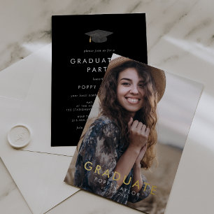 Chic Black Cap Gold Foil Photo Graduation Party