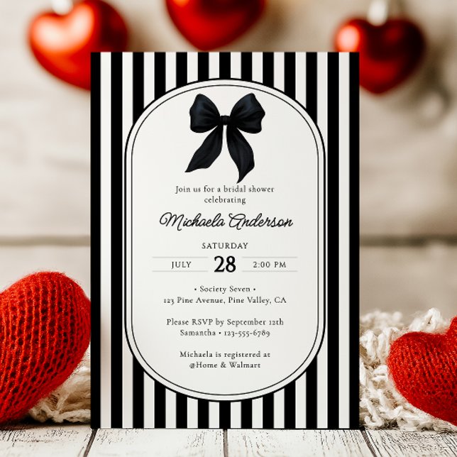 Chic Black Coquette Bow Striped Bridal Shower Invitation (Creator Uploaded)