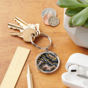 Chic Black Coral Pink White Gold Marble Pattern Key Ring
