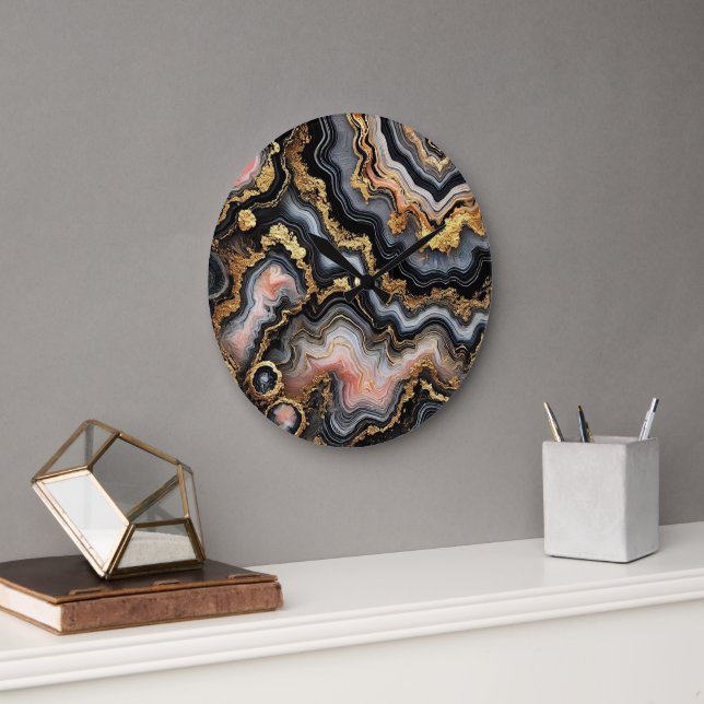 Chic Black Coral Pink White Gold Marble Pattern Large Clock (Office)