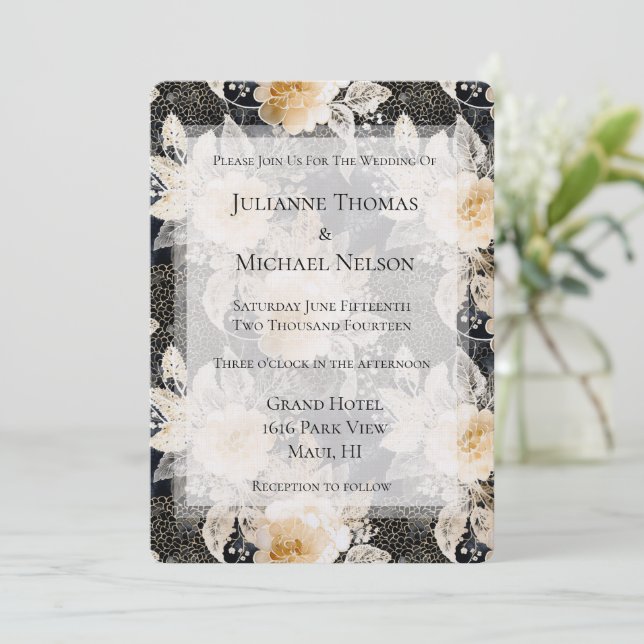 Chic Black Cream Leopard Animal Romantic Wedding Invitation (Standing Front)