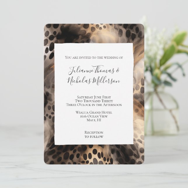 Chic Black Cream Leopard Animal Wedding Invitation (Standing Front)